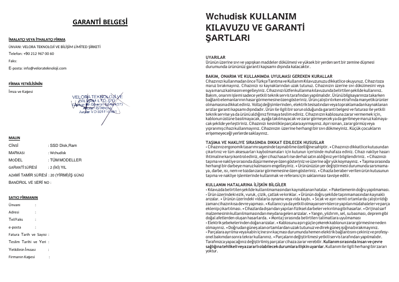 Wchudisk garanti belgesi ve kullanım kılavuzu